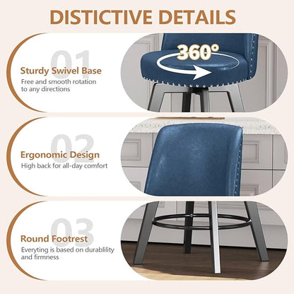 MINCETA Bar Stools Set of 4, PU Leather Barstools, 26 Inch Upholstered Counter Stools with High Back and Footrest, Swivel Counter Height Barstools for Kitchen Island Home Bar Navy Blue