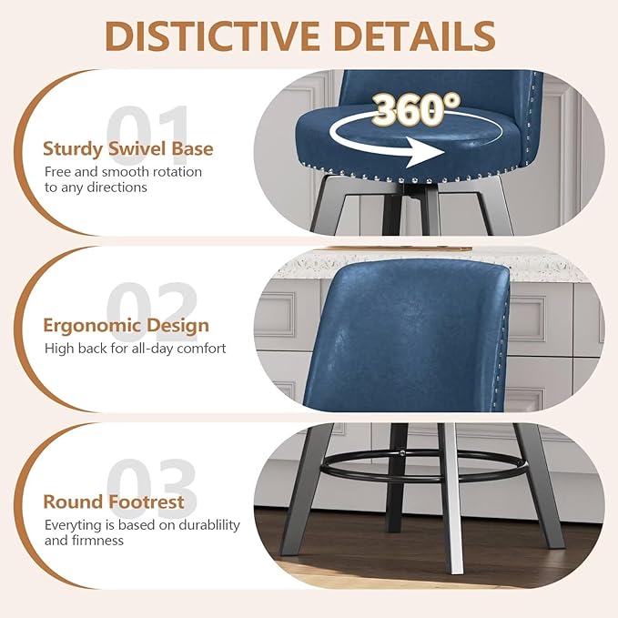 MINCETA Bar Stool, PU Leather Barstool, 26 Inch Upholstered Counter Stool with High Back and Footrest, Swivel Counter Height Barstool for Kitchen Island Home Bar Navy Blue