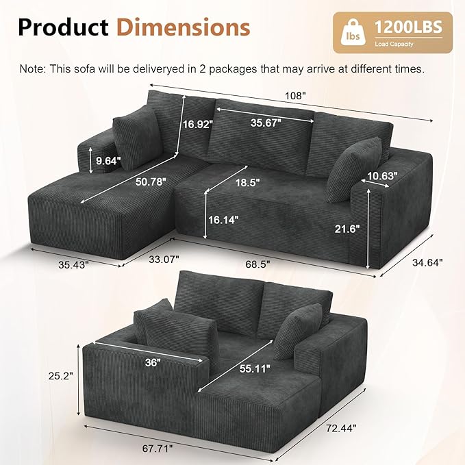 108” Cloud Sectional Couch, Modular Sectional Sofa with Deep Seat, Corduroy Boneless Couches with Chaise for Living Room Bedroom, No Assembly Required