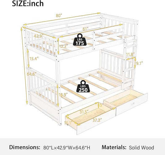Merax Wood Bunk Bed with Drawers, Twin Over Twin Size Convertible Bunk Bed with Ladders and Two Storage Drawers,Solid Wood Detachable Bed Frame with Ladders, Walnut