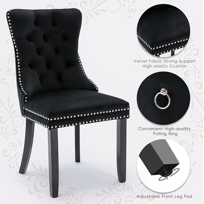 Velvet Upholstered Dining Chairs Set of 2, Modern Style Kitchen Side Chairs with Nailhead Trim and Wood Legs,Metal Pulling Ring for Dining Room Living Room(Black,Set of 2)