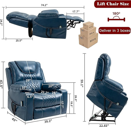 Large Power Lift Recliner Chair Sofa with Massage and Heat for Big and Tall Elderly,Infinite Positions,Dual Motor,Cup Holders,Air Leather Home Theater Seat