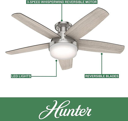 Hunter Fan 48 inch Low Profile Brushed Nickel Ceiling Fan with LED Light Kit and Remote Control (Renewed)
