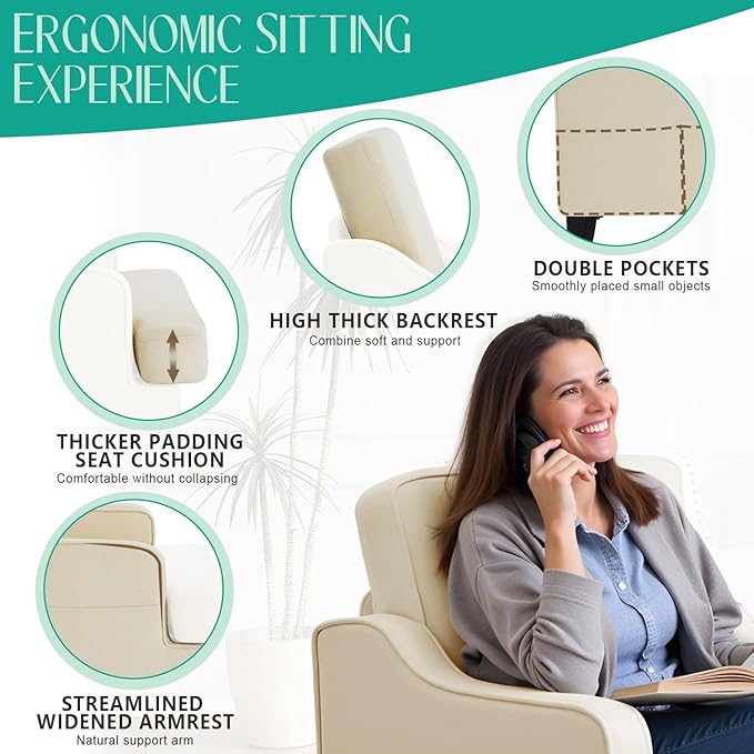 Modern Accent Chair for Bedroom Upholstered Reading Chair with Side Pockets Comfy Living Room Chairs Living Room Armchair for Office, Apartment, Small Room (Beige)