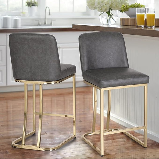 Sophia & William Counter Height Bar Stools Set of 2, 24" Bar Stools with Back for Kitchen Counter, Modern PU Leather Kitchen Counter Stools,Grey Gold