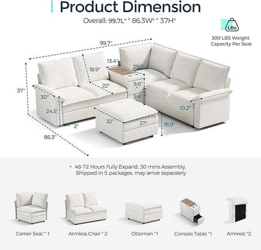 LINSY HOME Modular Sectional Couch Set, 99.7" V Shaped Cloud Sofa with Versatile Console, Chenille 5 Seater Sofa Set for Living Room, Apartment, Office, Beige