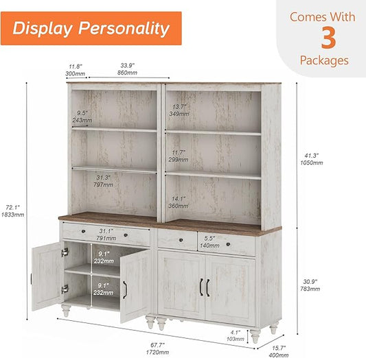 WAMPAT 5 Tier Bookshelf 72" Tall Bookcase with Barn Doors, Large Farmhouse Display Book Shelf with 2 Drawers and Storage Cabinet, Library Wood Bookshelves for Living Room,Kitchen, Rustic White (2PCS)