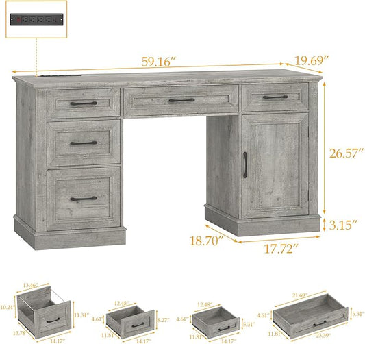 Farmhouse 59'' Executive Desk with Charging Station,Office Desks Computer Desk with 5 Drawers, Wood Workstation for Home Office and Study, File Drawers and Storage Cabinet, Grey
