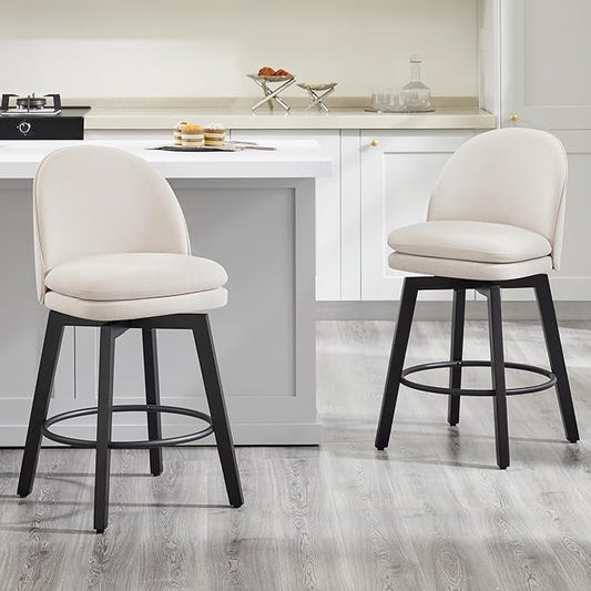 Counter Height Barstools 26 inch Upholstered Swivel Bar Stools with Back and Wood Legs for Kitchen Island,Set of 4,Beige Fabric-Armless