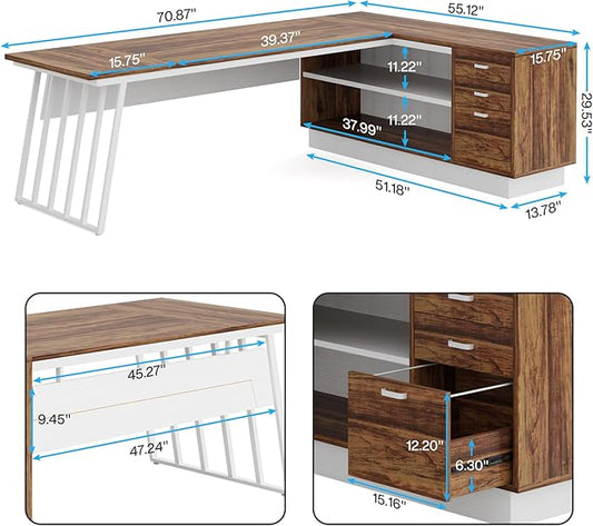 Tribesigns 71-Inch Executive Desk, L-Shaped Desk with Cabinet, Large Office Desk with Drawers and Storage Shelves, Writing Table Computer Desk for Home Office, Brown and White