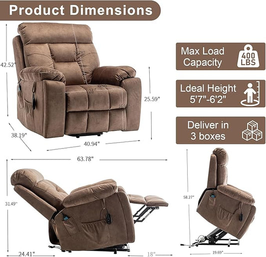 Oversized Lift Recliner Chairs for Elderly, 26in Extra Wide Power Chair with Massaga and Heating, Large Electric Lay Flat Recliners Sofa for Big and Tall Adult Lounging, Velvet Brown