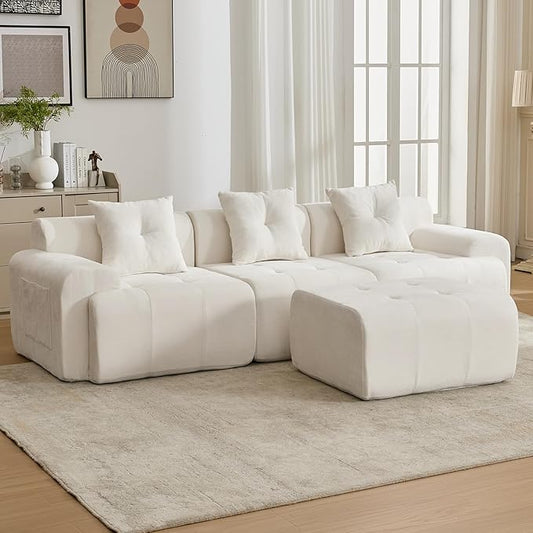 101.65” Modular Sectional Couch for Living Room, Modren L-Shape Cloud Sectional 3-Seater Sofa with Movable Ottoman, Woven Texture Upholstery Boneless Couch, No Assembly Grey, Beige