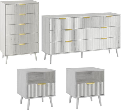 LYNSOM Fluted Dresser and Nightstand Sets 4 Piece, 1-Drawer Nightstands and 5/7 Drawers Dresser, Wood Bedroom Furniture Set for Home, Bedroom, Hallway, White