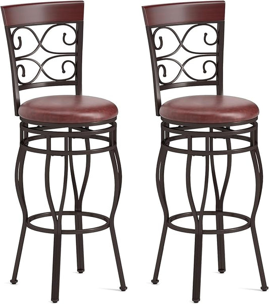 Giantex 30" Swivel Bar Stools Set of 2, Bar Height Bar Stools w/Back, Upholstered PU Leather Seat, Footrest, Max Load 330Lbs, Vintage Metal Barstools for Kitchen Island, Dining Room, Rustic Brown