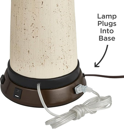 Possini Euro Design Cosgrove Mid Century Modern Table Lamp with USB and AC Power Outlet Workstation Charging Base 26.5" High Textured White Ceramic Light Brown Linen Drum Shade for Living Room