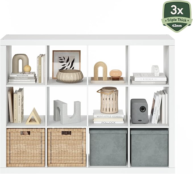Furinno Cubicle Book Shelf, 12-Cube Bookshelf, Triple Thick Frame Cube Storage Organizer, Bookcase, 15.4 x 57.4 x 43.4, for Home Office, Living Room, Plain White