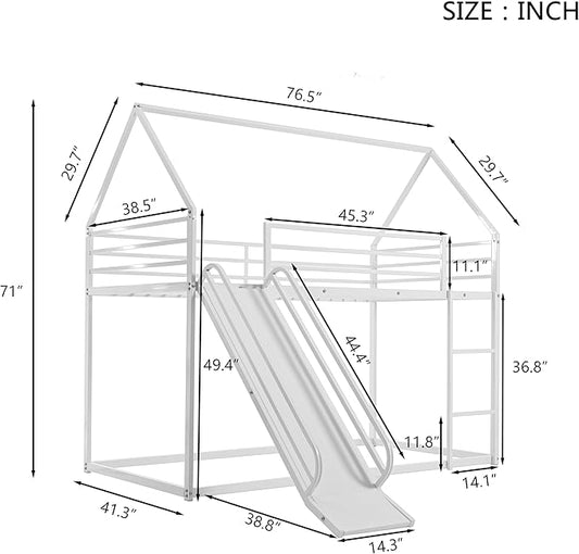 Twin Over Twin Metal Floor Bunk Bed with Slide,Metal Junior House Twin Size House Bunk Bed Frame with Ladder & Roof for Boy Girl, No Box Spring Needed,Low Bunk Bed Frame with Convertible Slide