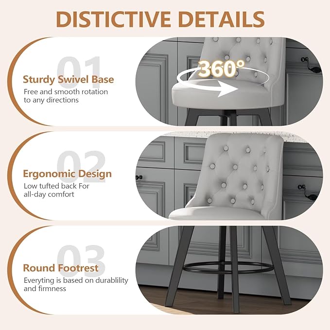 MINCETA Set of 4 Upholstered Bar Stools - 26 Inch Swivel Counter Height Stools with Low Tufted Back, Footrest & Performance Fabric - Round Seat for Kitchen Island & Home Bar Light Gray