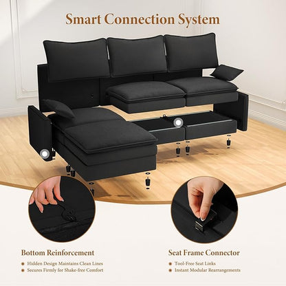 Vesgantti 108" V-Shaped Corner Couch Sectional, 7 Seat Customizable Modular Cloud Couches with Movable Ottoman, Chenille Deep Seat Sofa Set with Chaise for Living Room, Bedroom and Apartment, Black