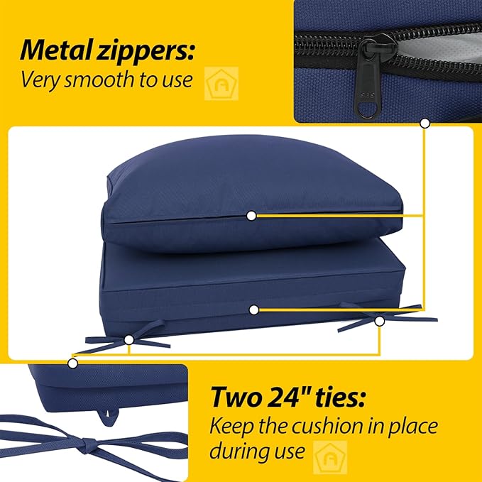 AAAAAcessories Outdoor Deep Seat Cushions, Waterproof, Fade-Resistant Patio Furniture Replacement Cushions, 24" x 24" x 5" + 24" x 13.5", Set of 2, Navy Blue
