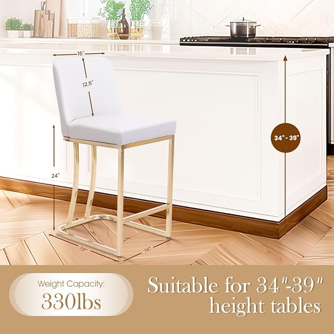Sophia & William 24 Inch Bar Stools for Kitchen Island, Counter Height Bar Stools with Back,Modern PU Leather Gold Polished Bar Chairs,Supports 330lbs,Creamy White