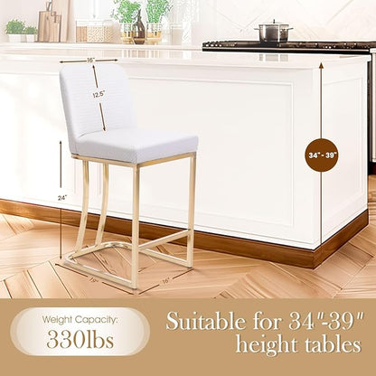 Sophia & William Creamy White & Gold Counter Height 2 Bar Stools Set - Farmhouse Style with Back, Modern Faux Leather Upholstered