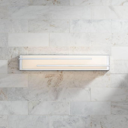 Possini Euro Design Jada Modern Wall Mount Light LED Chrome Silver Hardwired 26 1/4" Wide Light Bar Fixture Rectangular White Glass Shade for Bathroom Vanity Mirror House Home Room Decor