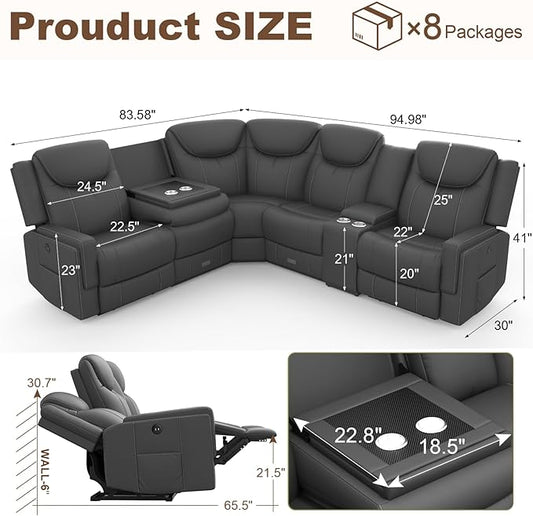 Home Theater Seating, Manual Recliner Sectional Sofa for Living Room, 5 Seater Reclining Sectional Couch with Flip-Up Backrest, Storage Console, USB Ports, L-Shaped Sofa PU Leather Gray