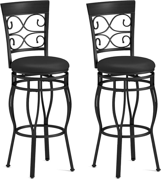 Giantex 30" Swivel Bar Stools Set of 2, Bar Height Bar Stools with Back, Upholstered PU Leather Seat, Footrest, Max Load 330Lbs, Vintage Metal Barstools for Kitchen Island, Dining Room, Pub, Black