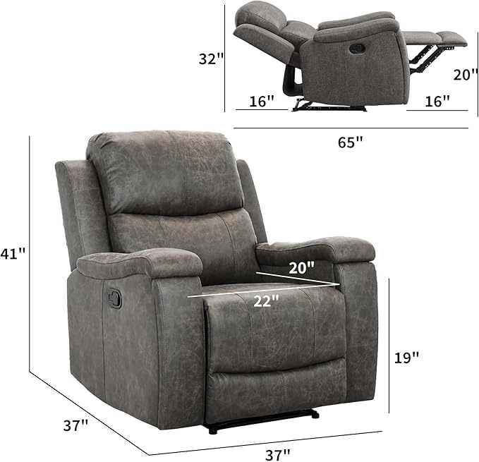 CANMOV Leather Recliner Chair, Classic and Traditional Manual Recliner Chair with Overstuffed Arms and Back, Manual Single Sofa with Concealed Cup Holders,Grey
