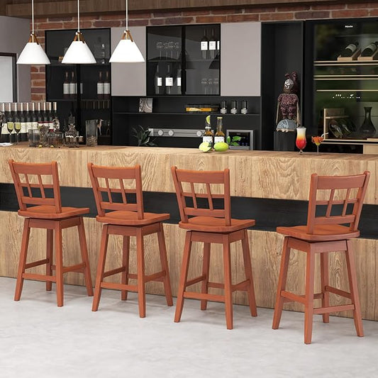 COSTWAY Swivel Bar Stools Set of 4, 24.5 Inch Counter Height Bar Chairs w/Hollow Backrest & Contoured Seat, Wooden Barstools w/Footrest for Kitchen Island, Pub, Bistro, Cafe (4, Walnut)