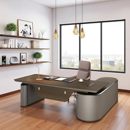 94.5" Reversible L-Shaped Adjustable Height Executive Desk with Oval Storage Cabinet - Black/Brown Standing Desk, Rounded Corners, 3 Drawers & 2 Door Compartments, Flexible Home & Office Workstation