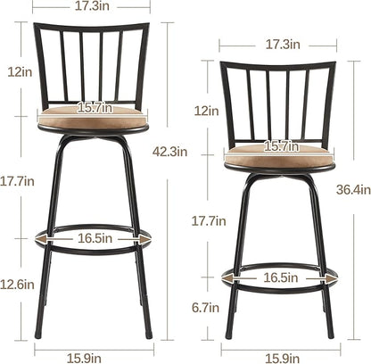 VECELO Bar Stools Adjustable Height, 24/29" Barstool Swivel Counter Stool with Upholstered Seat,Steel Bistro Pub Chairs, Straight Line Backrest