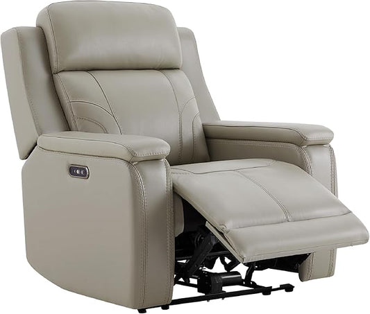 Watson & Whitely Genuine Leather Electric Recliner Chairs for Adults, Lay Flat Recliner with Power Headrest & Chargers for Living Room, Light Grey
