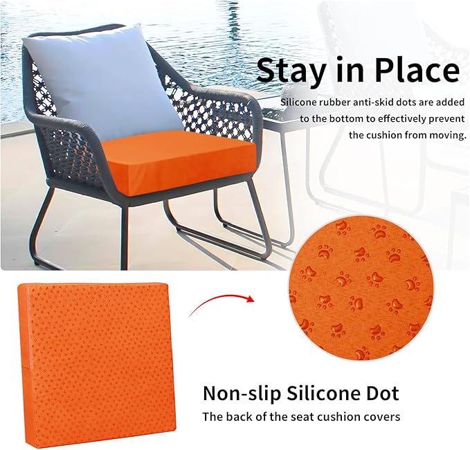 Easy-Going Waterproof Patio Cushion Covers 24x22x4 inch 2 Pack Replacement Non-Slip Outdoor Seat Cushion Slipcover with Zipper. Orange