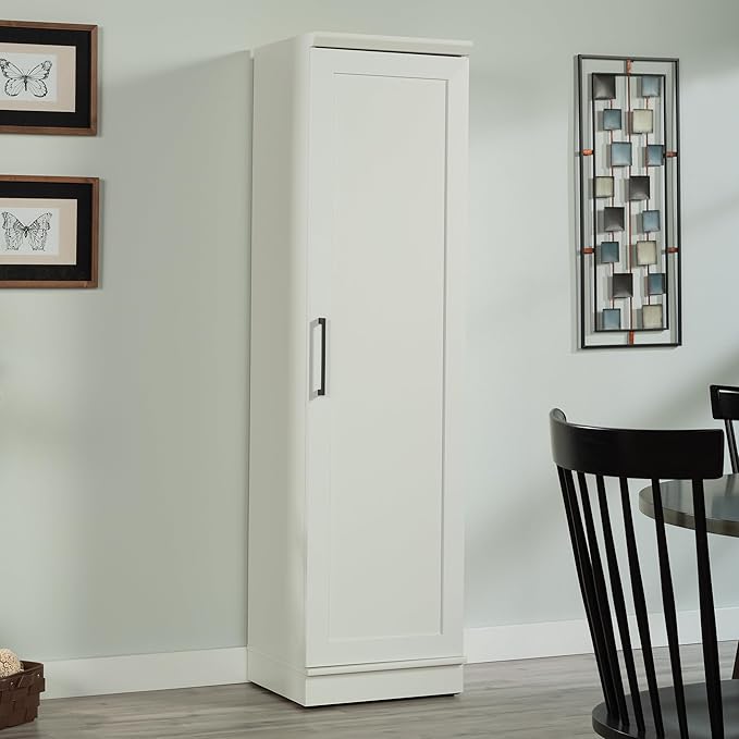 Sauder HomePlus Narrow Pantry Storage Cabinet Slim Single Door with Adjustable Shelves, Kitchen Laundry Bathroom Storage Cabinet, in Soft White