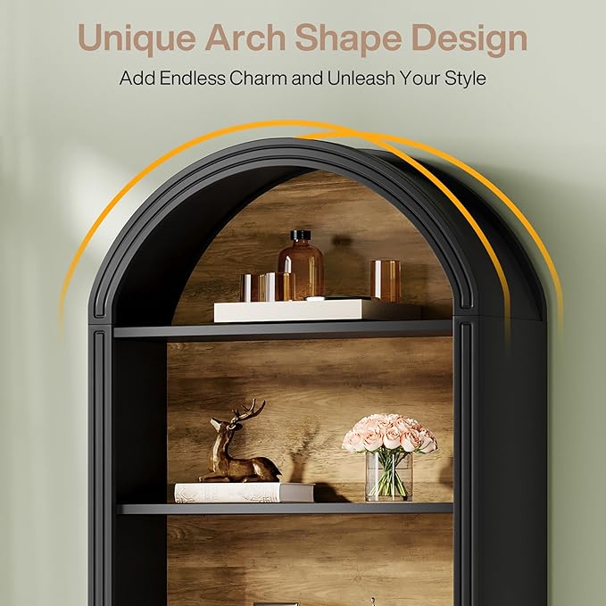 Tribesigns 77.16" Tall Arched Bookshelf, 6-Tier White Arched Bookcase with Storage Shelves for Living Room, Bedroom, Set of 2 (Black, 6-Tier)