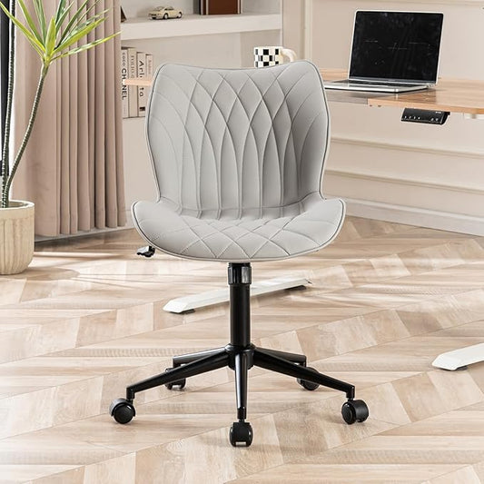 YOUNUOKE Armless Desk Chair Comfy Office Chair with Wheels Home Ergonomic Task Chair Adjustable Computer Chairs Modern Faux Leather Swivel Chair Upholstered Makeup Vanity Chair with Back(Gray)