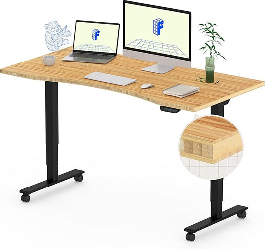 FLEXISPOT E6 MAX Bamboo Dual Motor 48x24 Inch 3-Stage Heavy Duty Standing Desk, 330lbs Weight Capacity, Height Adjustable Desk w/Cable Management & Wheels (Solid Bamboo Curved Desktop + Black Frame)