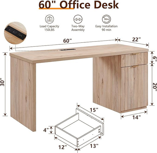 JXQTLINGMU 60" Modern Executive Desk with Storage, Wood Home Office Desk with Drawer & Cabinet, Fluted Computer Writing Desk for Study, Living Room, Bedroom, Oak