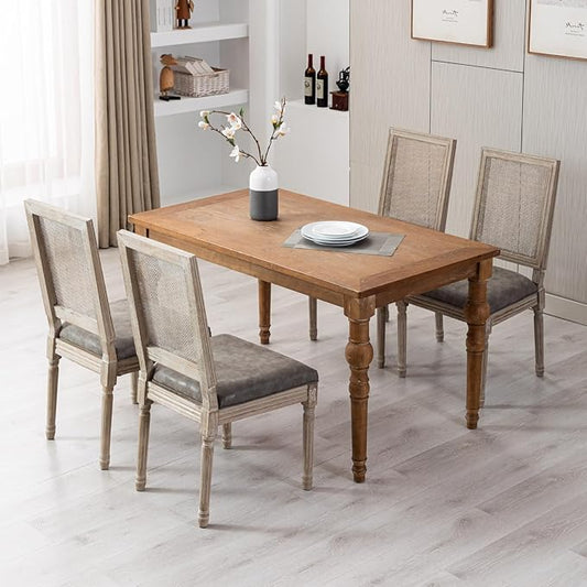 PU Leather Dining Chairs Mid Century Kitchen Chairs Set of 4 Upholstered Parsons Chairs Accent Side Chair with Rattan Back for Living Room Dining Room Bedroom, Grey