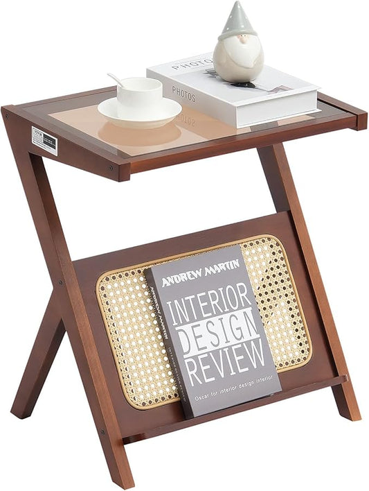 VEVOR End Table, Z-Shaped Rattan Woven Bamboo Coffee Table with Tempered Glass Top, 20” Modern Boho Storage Coffee Table with Natural Bamboo Legs, for Living Room, Bedroom & Small Spaces