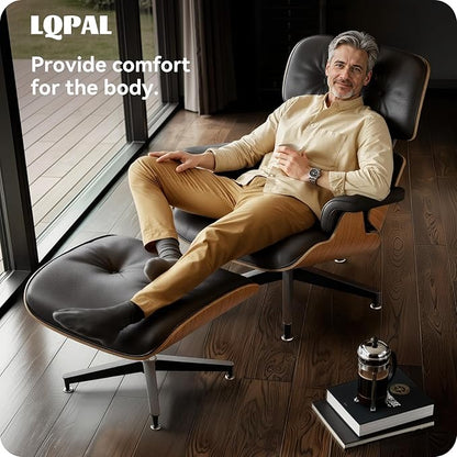 Top Black Grain Leather, Mid Century Chaise Lounge Chair and Ottoman, Modern Chair Classic Design, Walnut Wood, Heavy Duty Base Support for Living Room Study Lounge Office