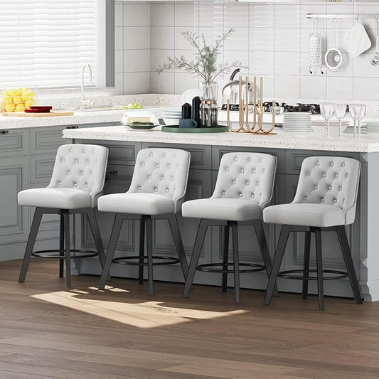 MINCETA Bar Stools Set of 4, PU Leather Barstools, 26 Inch Upholstered Counter Stools with Low Tufted Back and Footrest, Swivel Counter Height Barstools for Kitchen Island Home Bar Light Gray