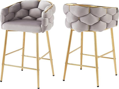 Christopher Knight Home Barrel Counter Stools,Velvet Counter Height Barstools, Modern Luxury Makeup Stool Upholstered Chairs with Gold Legs(Set of 2),Gray