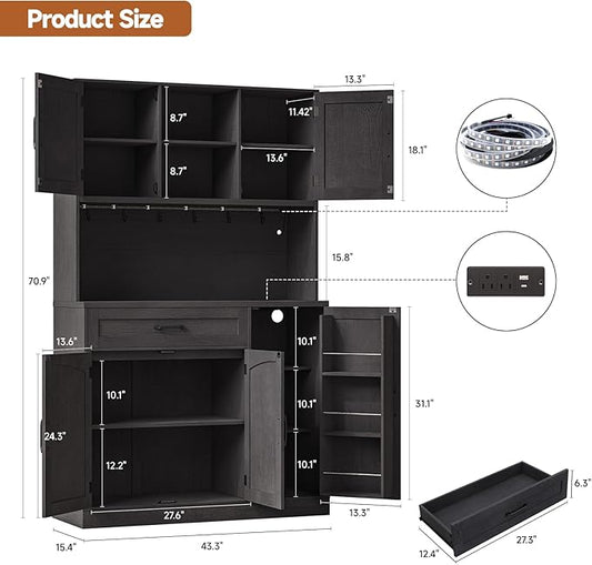 ONBRILL 71" Pantry Cabinet, Kitchen Pantry Storage Cabinet with LED Light & Outlet, Kitchen Hutch with Microwave Shelf & 6 Hooks, Door Shelf & Drawer & Adjustable Shelf, for Dining Room, Black