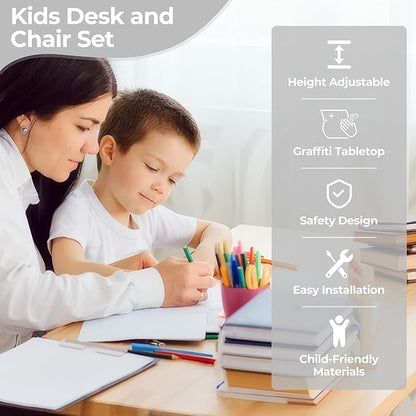 Kids Desk and Chair Set, Multi-Activity Children Study Table and Chair Set with Bookshelf for Home/Classrom, Height Adjustable, Graffiti Desktop, Removable Storage Rack for Toddler Ages 3-12