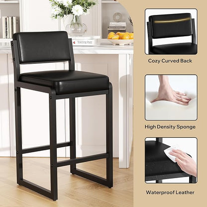 Bar Stools Set of 3, Faux Leather Counter Height Bar Stools with High Back and Metal Legs, Upholstered Bar Chairs, 26" Modern Barstools for Kitchen Island, Black