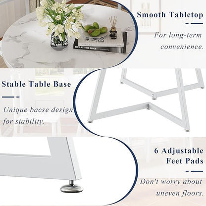VECELO Round Dining Room Table with Wood Grain Tabletop and Steel Frame, for Kitchen, Living Room, Office, Conference, 2 to 4 Person, Fuax Marbled & White