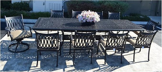 Patioland Grand Tuscany Outdoor Cast Aluminum Powder Coated 11-Piece Dining Set with Extendable 48x132 Table (with 10 Swivel Rocking Chairs)